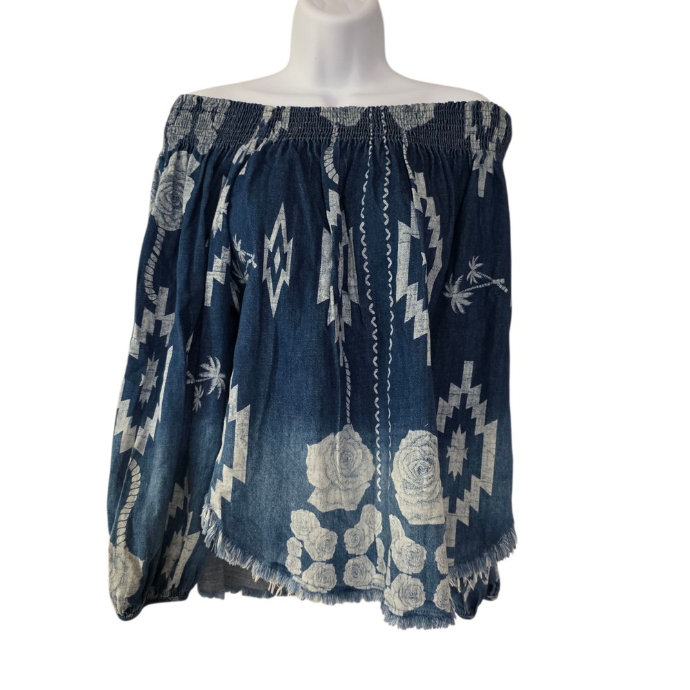 One X Oneteaspoon Womens Blouse Top Size S Blue Jean Off Shoulder Floral Raw Hem